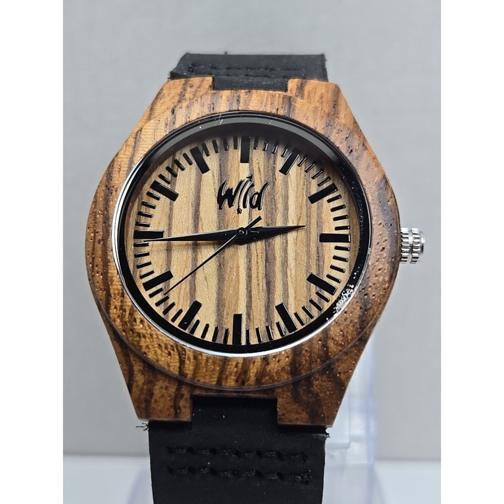 Wild Wooden Quartz Watch Zebrawood Dial Leather Strap Minimalist New Battery - Picture 4 of 10